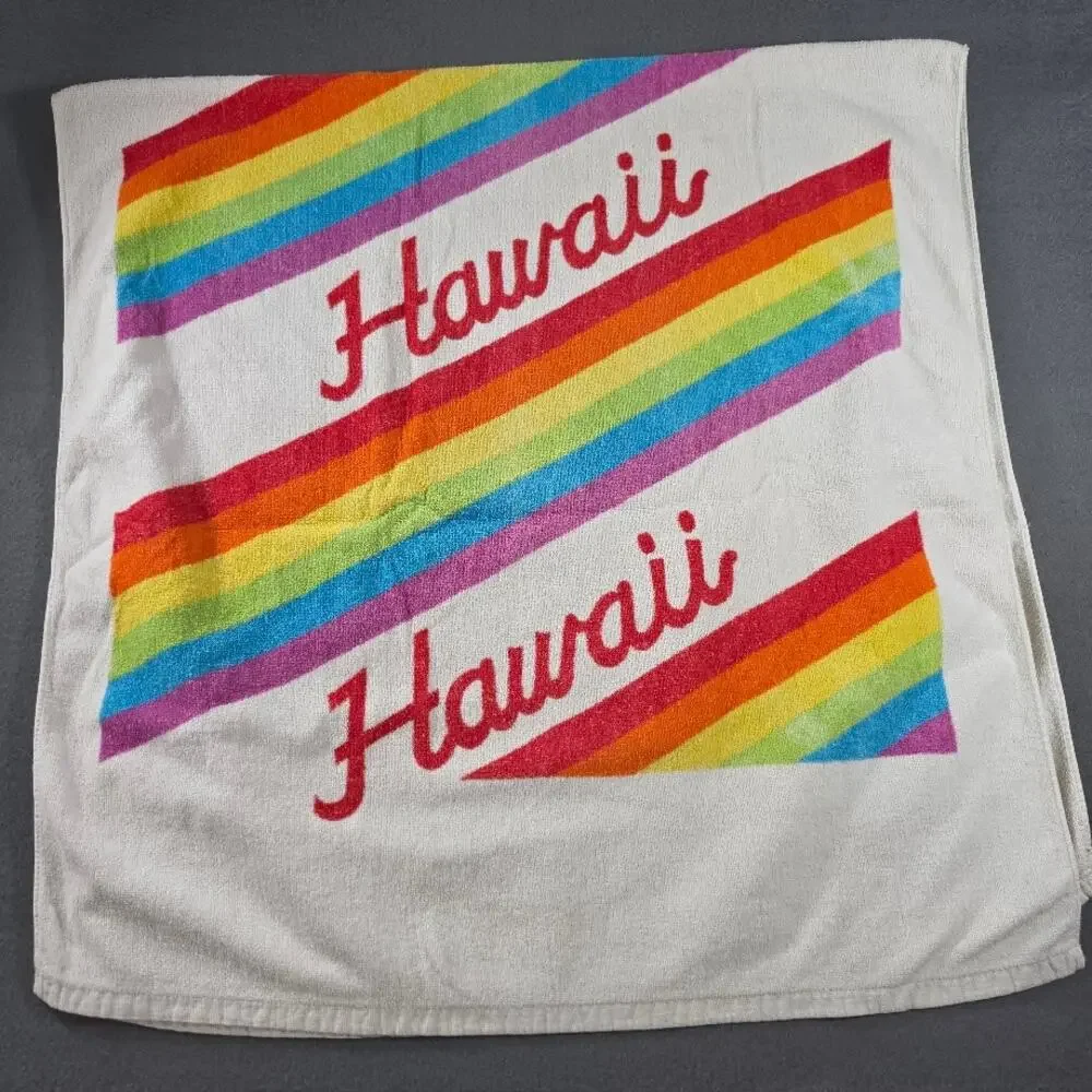 Vintage Rainbow Stripe Hawaii Souvenir Bath Hand Towel Retro 70s 80s